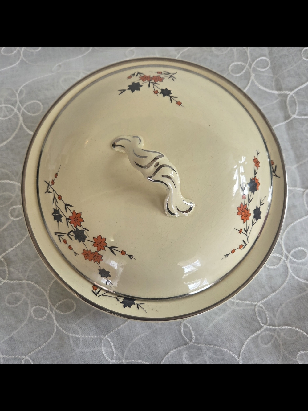 Vintage Cream Floral Covered Serving Dish - Orange & Black Flowers